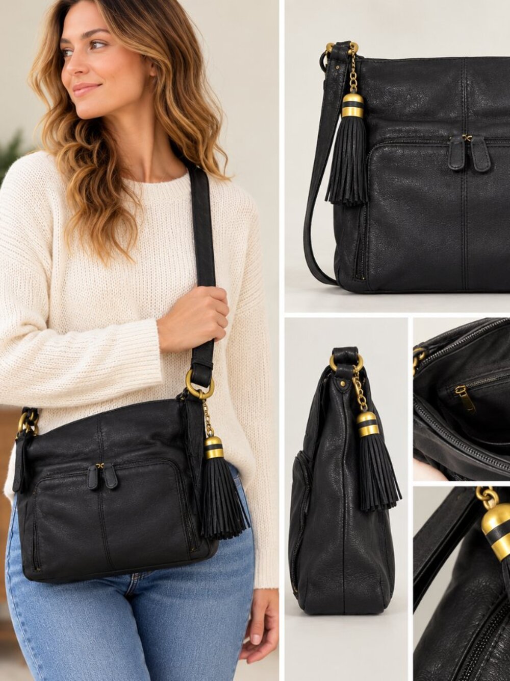 Cabin Creek Genuine Leather Black Shoulder Bag Tassel Organizer Purse NWT